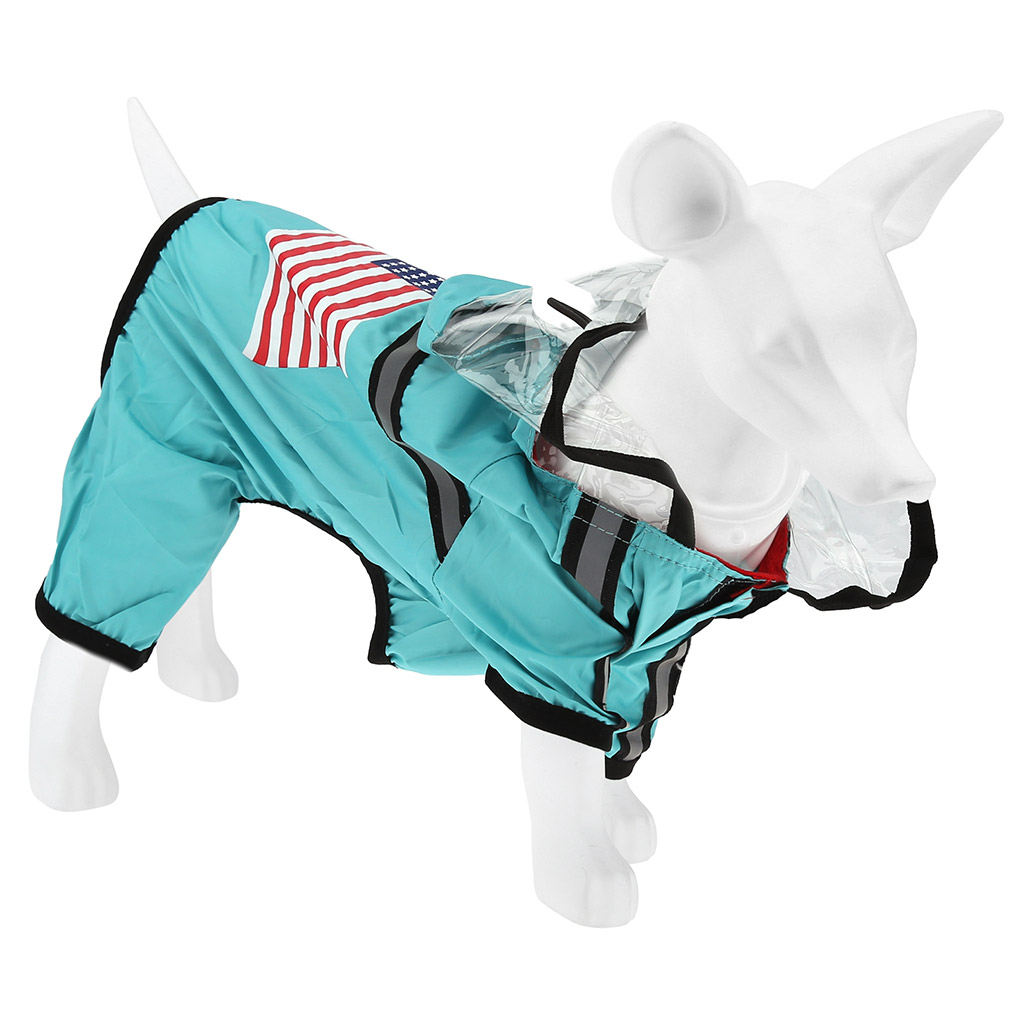 Одежда для собаки Pet toys "Комбинезон" "The dog face" прозрачный ПВХ капюшон, с принтом, на липучке, светоотражающие полоски, р-р XL, длина спинки 39см/обхват груди 60см/обхват шеи 42см, цвет-бирюзовый, плащевка (Китай)