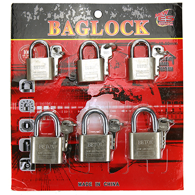 Замок навесной, стальной "Baglock" набор 6 штук: 40мм-3 шт, 40х60х17мм, 50мм-3 шт, 48х74х17мм, по 3 ключа, на картоне (Китай)