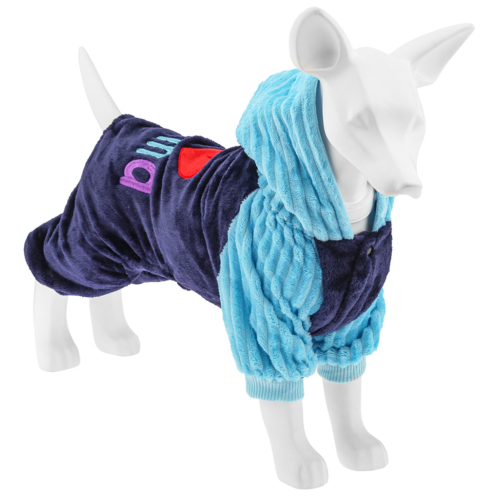 Одежда для собаки Pet toys "Комбинезон" "I ¦ Mama/Papa" с капюшоном, с принтом, на кнопках, р-р M 33-37см, длина спинки 24см/обхват груди 38см/обхват шеи 30см, цвет-синий с голубым, плюш (100% полиэстер) (Китай)