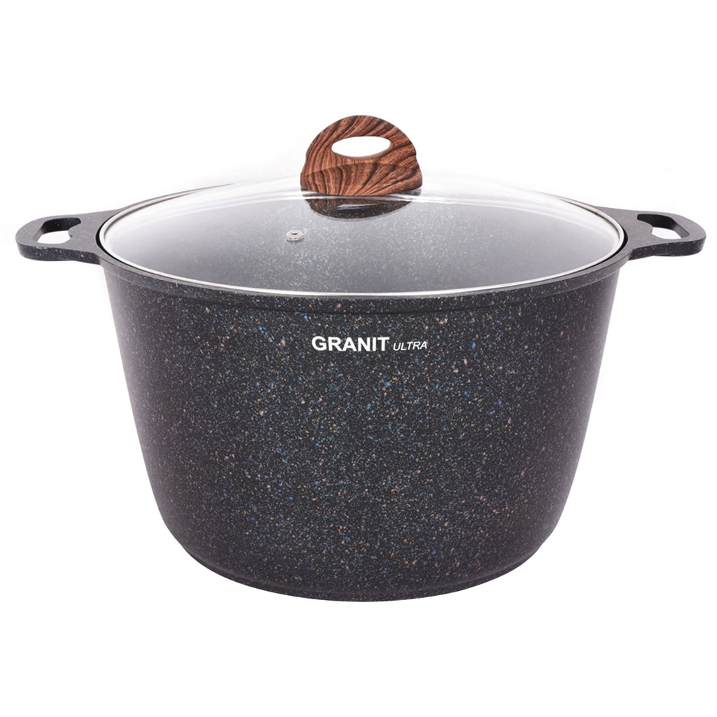 Кастрюля с антипригарным покрытием 10л, д32см "Granit Ultra", h19см, стеклянная жаропрочная крышка, ручка из термостойкого пластика, голубой гранит (Россия) - можно использовать металлические кухонные принадлежности