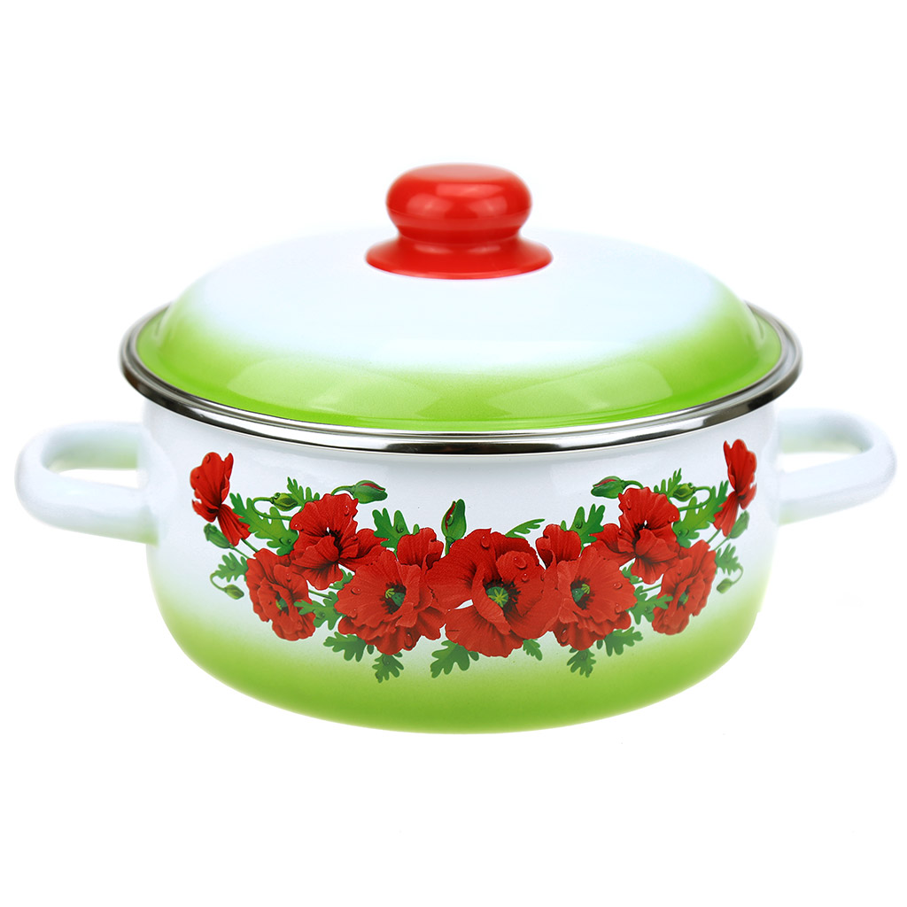 Кастрюля эмалированная 3л, д20см, h12,5см, сферическая форма, металлическая крышка, ободок из нержавеющей стали, белый (Россия) "Восточный мак"
