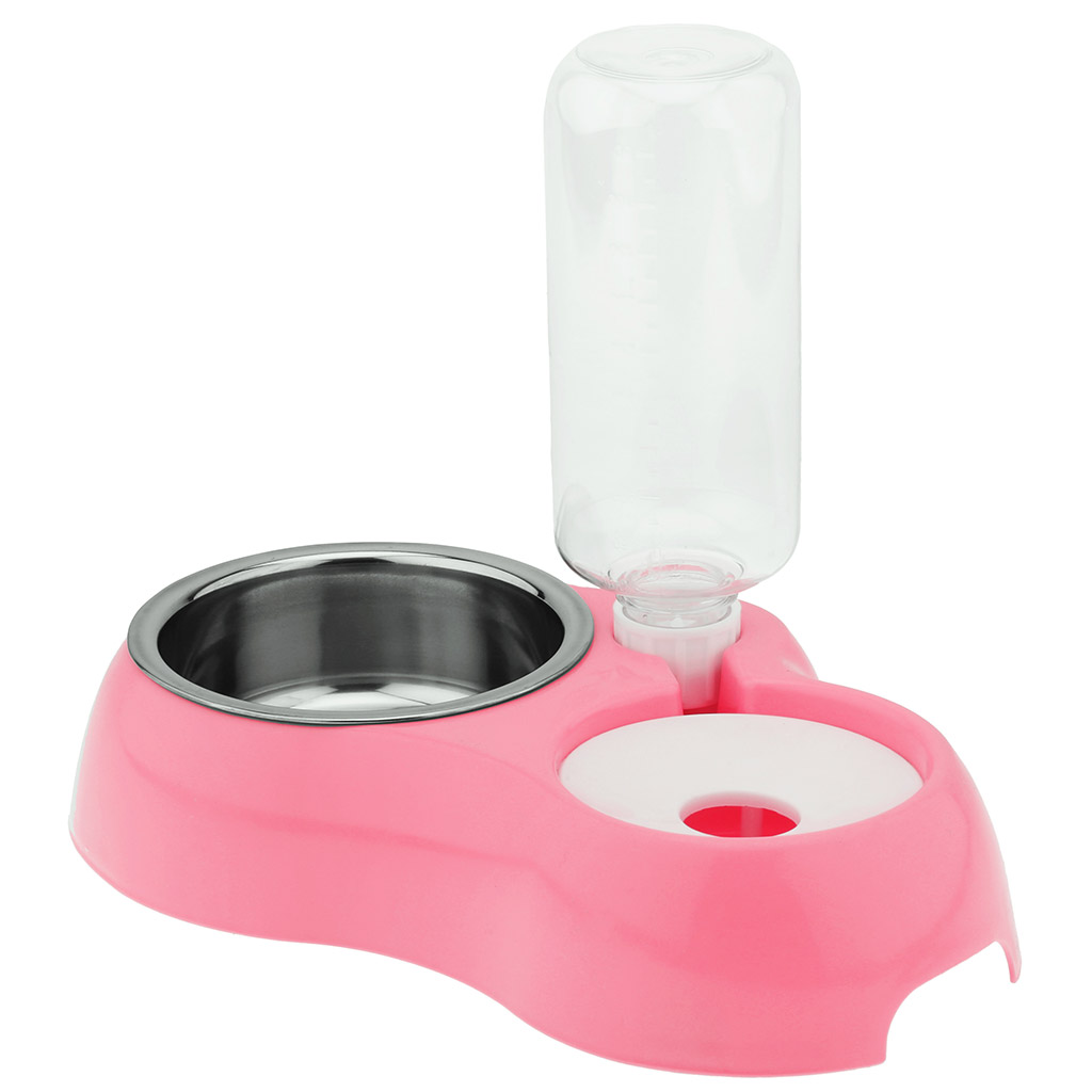 Миска для кормления животных Pet toys пластмассовая 0,18/0,45л 27,5х18см h22,5см, двойная, с автопоилкой 0,5л, миска-вставка из нержавеющей стали 0,4л д12,8см h4,7см, прорезиненные ножки, цвета в ассортименте: розовый, салатовый, бирюзовый (Китай)