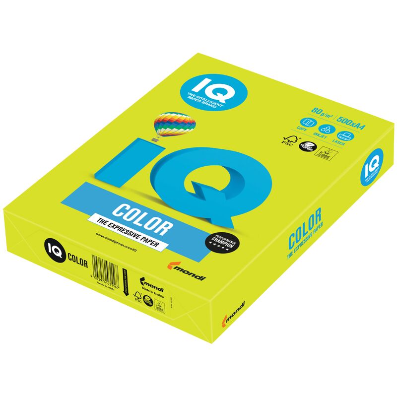 Бумага цветная IQ COLOR (А4,80г,NEOGN-зеленый неон) пачка 500л.