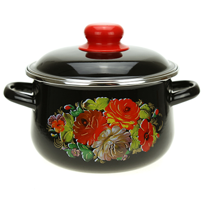 Кастрюля эмалированная 2л, д17см, h12,5см, коническая форма, металлическая крышка, черный (Россия) "Жостово"