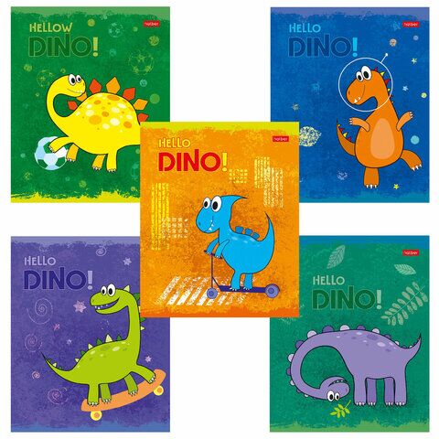 Тетрадь 12л. HATBER клетка, обложка картон, тиснение, Hello Dino ( 5 видов в спайке), 12Т5тВ1