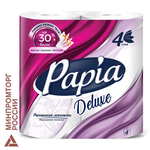 Бумага туалетная быт., спайка 4 шт., 4-слойная (4х16 м), PAPIA DELUXE, белая, 5062185