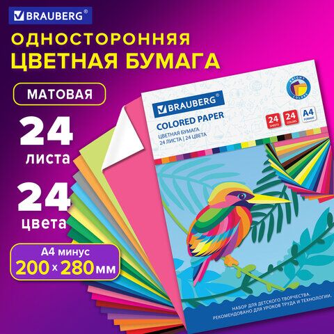 Цветная бумага А4 офсетная, 24 листа 24 цвета, на скобе, BRAUBERG, 200х280 мм, Птица, 113538
