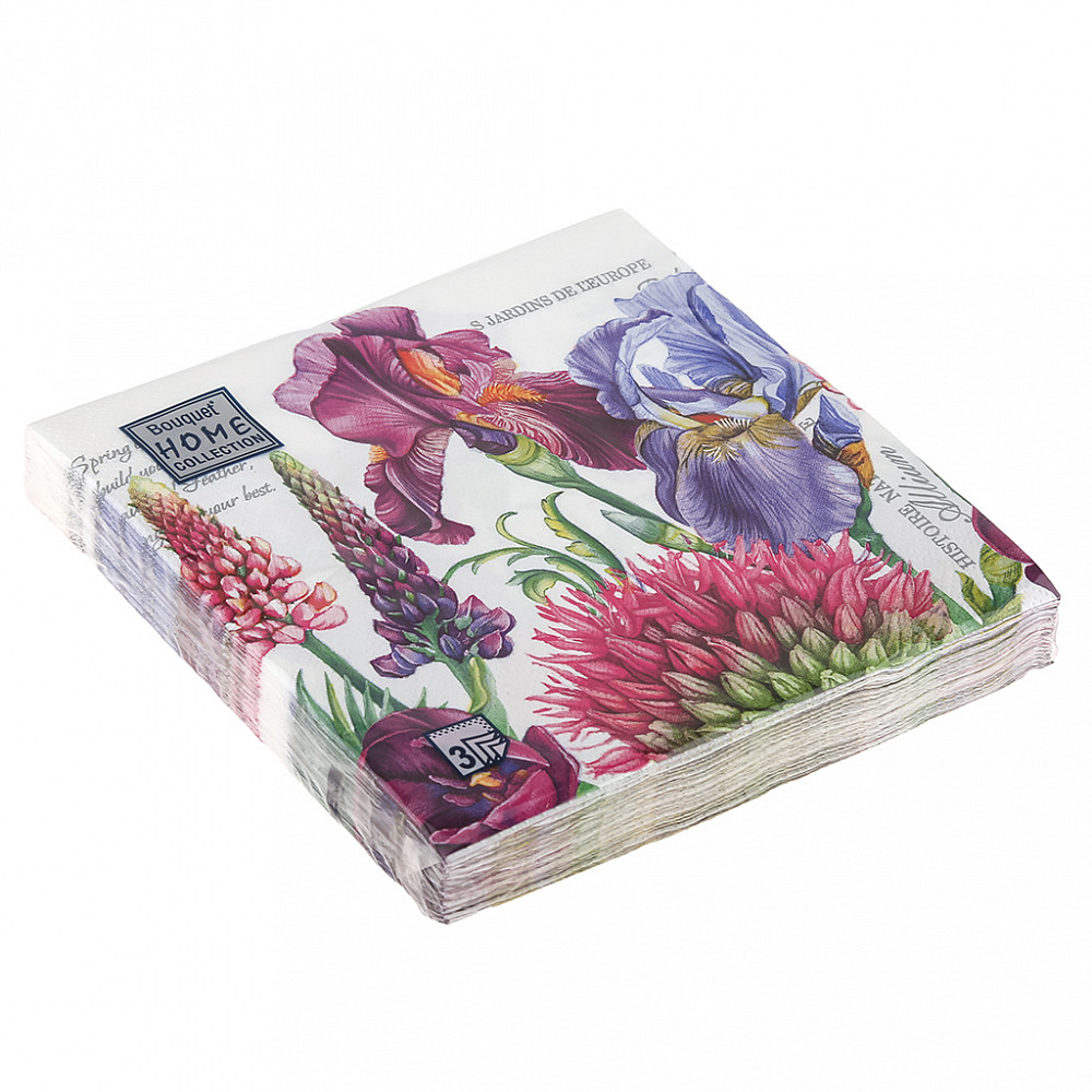 Салфетки бумажные "Bouquet Home Collection Classic" 33х33см, 3-х слойные, 20 штук в упаковке, 100% целлюлоза, "Декоративные ирисы"
