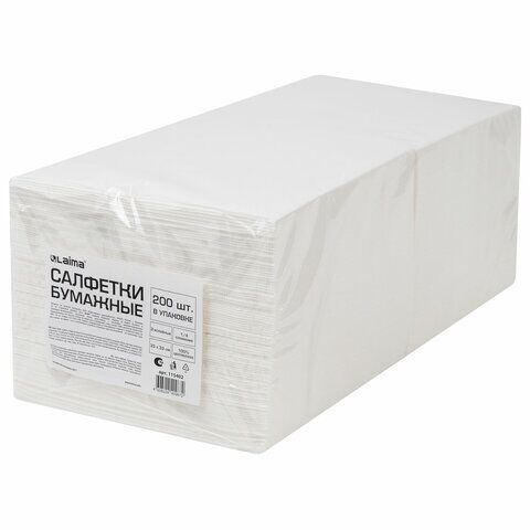 Салфетки 33x33 2-сл LAIMA 200шт, белые, 1/4 сложения
