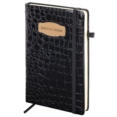 Скетчбук, слоновая кость 140г, 130х210мм, 80л КОЖЗАМ, резинка, BRAUBERG ART CLASSIC, CROCO, черный, 116470