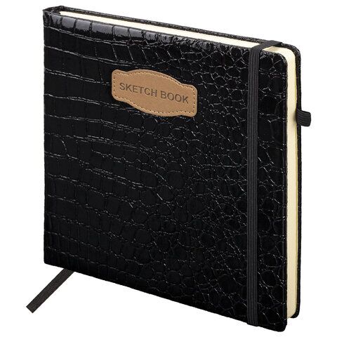 Скетчбук, слоновая кость 140г, 200х200мм, 80л КОЖЗАМ, резинка, BRAUBERG ART CLASSIC, CROCO, черный, 116472