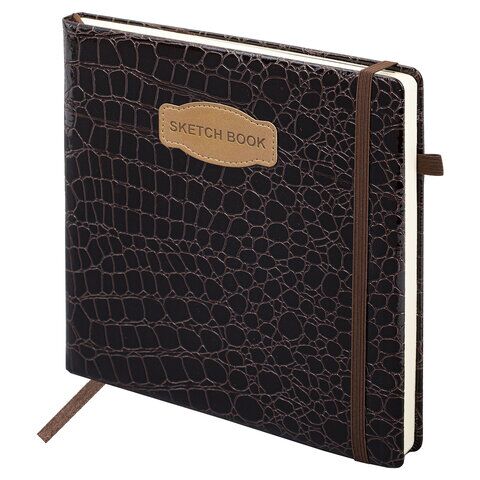 Скетчбук, слоновая кость 140г, 200х200мм, 80л КОЖЗАМ, резинка, BRAUBERG ART CLASSIC, CROCO, коричневый, 116473