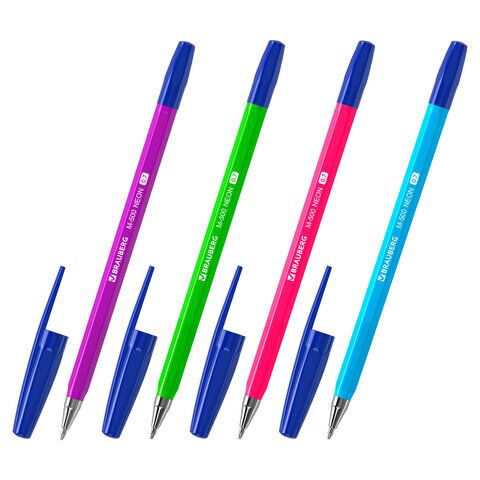 Ручка шариковая BRAUBERG M-500 NEON, СИНЯЯ, корпус ассорти, узел 0,7 мм, линия письма 0,35 мм, 143452