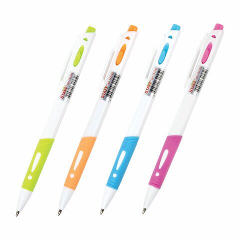 Ручка шариковая автоматическая с грипом STAFF BP-16 White, СИНЯЯ, ассорти, линия письма 0,35 мм, 143749
