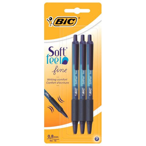 Ручки шариковые автоматические с грипом BIC "Soft Feel Fine", НАБОР 3 шт., линия письма 0,8 мм, блистер