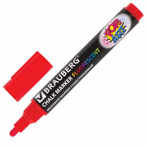Маркер меловой POP-ART КРАСНЫЙ, 5 мм, стираемый, для гладких поверхностей, BRAUBERG, 151529
