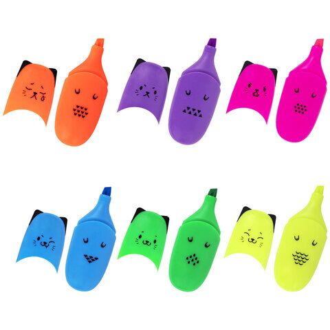 Текстовыделитель мини BRAUBERG KIDS CUTE CATS NEON, АССОРТИ В ПЛАСТИКОВОЙ БАНКЕ, 1-5 мм, 152433