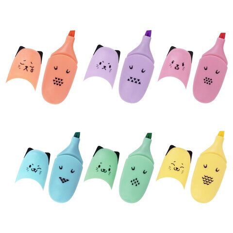 Текстовыделитель мини BRAUBERG KIDS CUTE CATS PASTEL, АССОРТИ В ПЛАСТИКОВОЙ БАНКЕ, линия 1-5 мм, 152434.