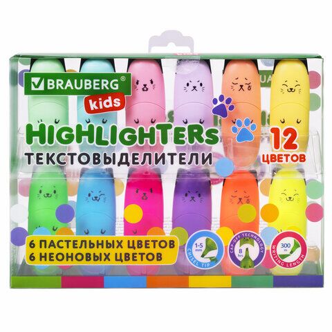Текстовыделители мини 12цв BRAUBERG KIDS CUTE CATS 1-5мм, 152437