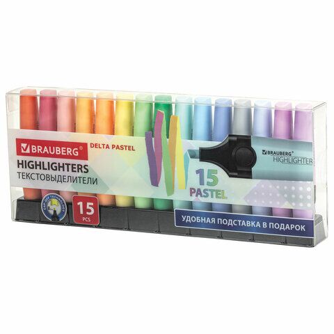 Текстовыделители 15цв BRAUBERG DELTA PASTEL 1-5мм на подставке
