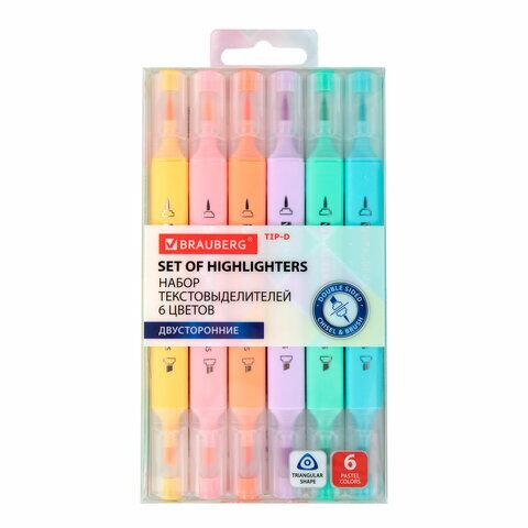 Текстовыделители 6цв 2-х стр BRAUBERG TIP-D, трехгранный корпус, 152533