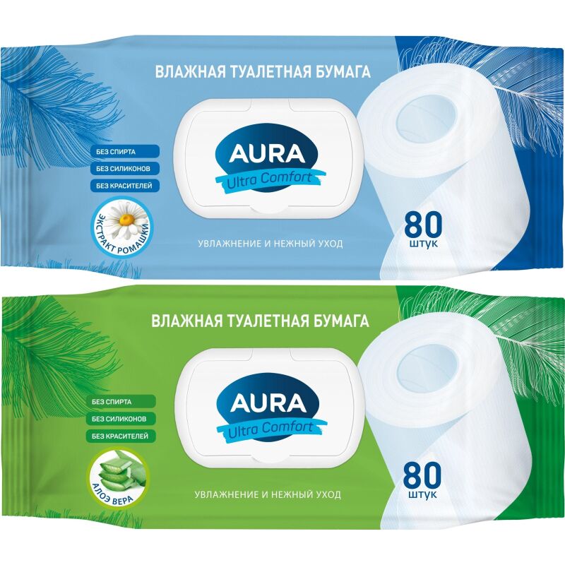 Бумага туалетная влажная AURA ULTRA COMFORT с крышкой 80шт/уп
