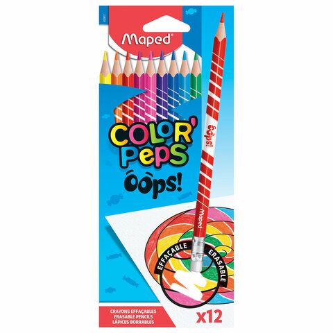 Карандаши 12цв стираемые с ластиком MAPED "Color'Peps Oops",трехгранные, 832812