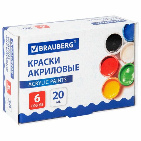 Краски акриловые 6цв 20мл для рисования и творчества BRAUBERG, 192562