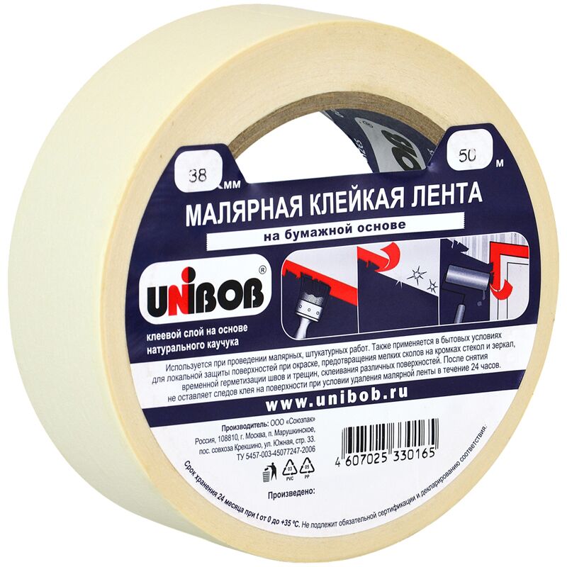 Клейкая лента бумажная (малярная) 38мм*50м Unibob