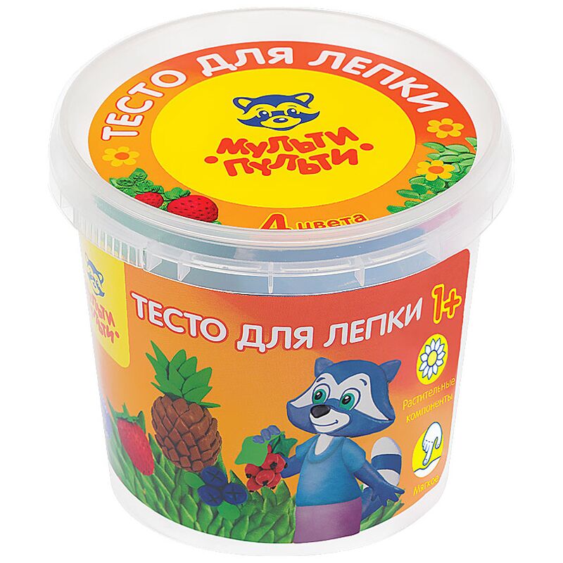 Тесто для лепки Мульти-Пульти Енот на каникулах, 04 цвета*60г, пластиковый стакан