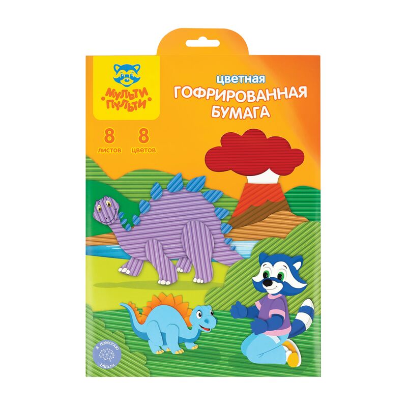 Цветная бумага гофрированная А4 Мульти-Пульти, 8л., 8цв., в папке с европодвесом, Приключения Енота