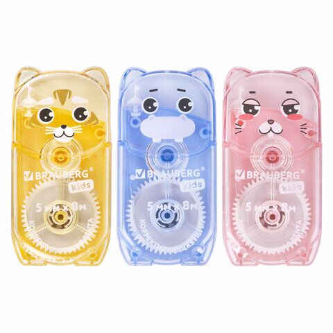 Корректирующая лента 5ммх8м BRAUBERG KIDS "ЗВЕРЯТА" механизм перемотки, корпус ассорти, блистер, 272499