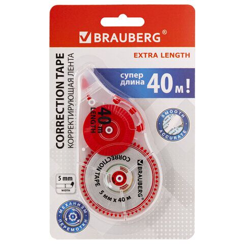 Корректирующая лента 5ммх40м BRAUBERG EXTRA LENGTH механизм перемотки, корпус прозрачный, блистер, 272502