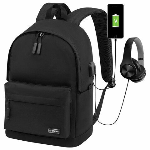 Рюкзак HEIKKI ACTIVE (ХЕЙКИ) универсальный, отделение для ноутбука, USB-порт, черный, 44х31х14 см,