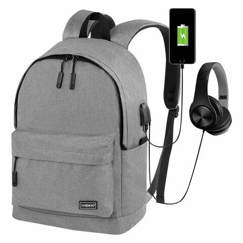 Рюкзак HEIKKI ACTIVE (ХЕЙКИ) универсальный, отделение для ноутбука, USB-порт, серый, 44х31х14 см,