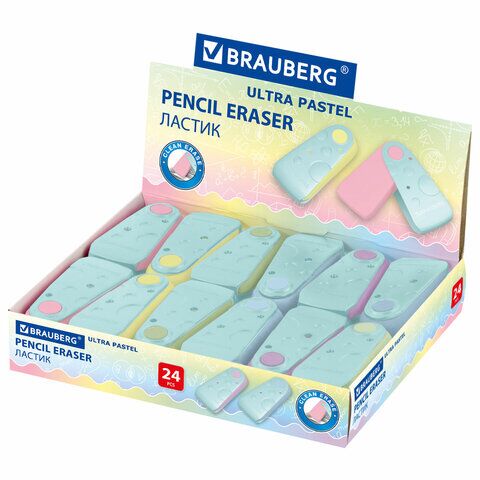 Ластик BRAUBERG ULTRA PASTEL, 57х24х15 мм, пастельные цвета ассорти, бирюзовый пластиковый держатель, 272688