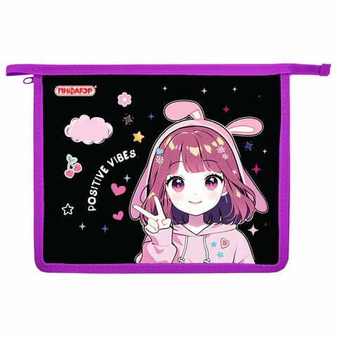 Папка для тетрадей ПИФАГОР А5, 1 отделение, пластик, на молнии, "Anime sign",