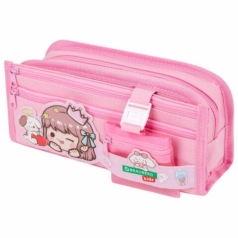 Пенал мягкий BRAUBERG KIDS 3 отд кармашек на карабине, полиэстер, "Sweet friends", 22х10х7 см, 273558