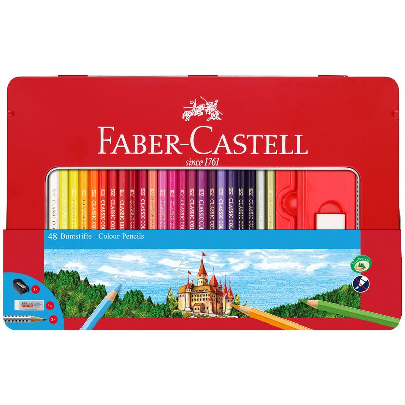 Карандаши цветные Faber-Castell Замок, 48цв., трехгран., заточ.+2ч/г кар. Grip+ластик+точилка, метал. коробка