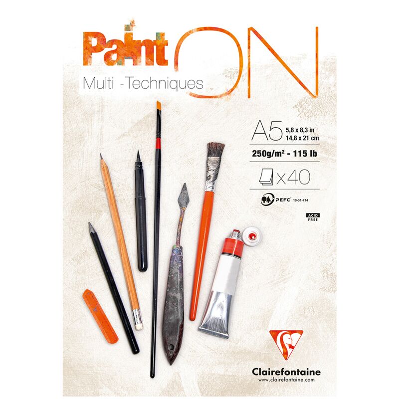 Скетчбук - альбом для смешанных техник 40л., А5, на склейке Clairefontaine Paint'ON, 250г/м2, мелкозерн.