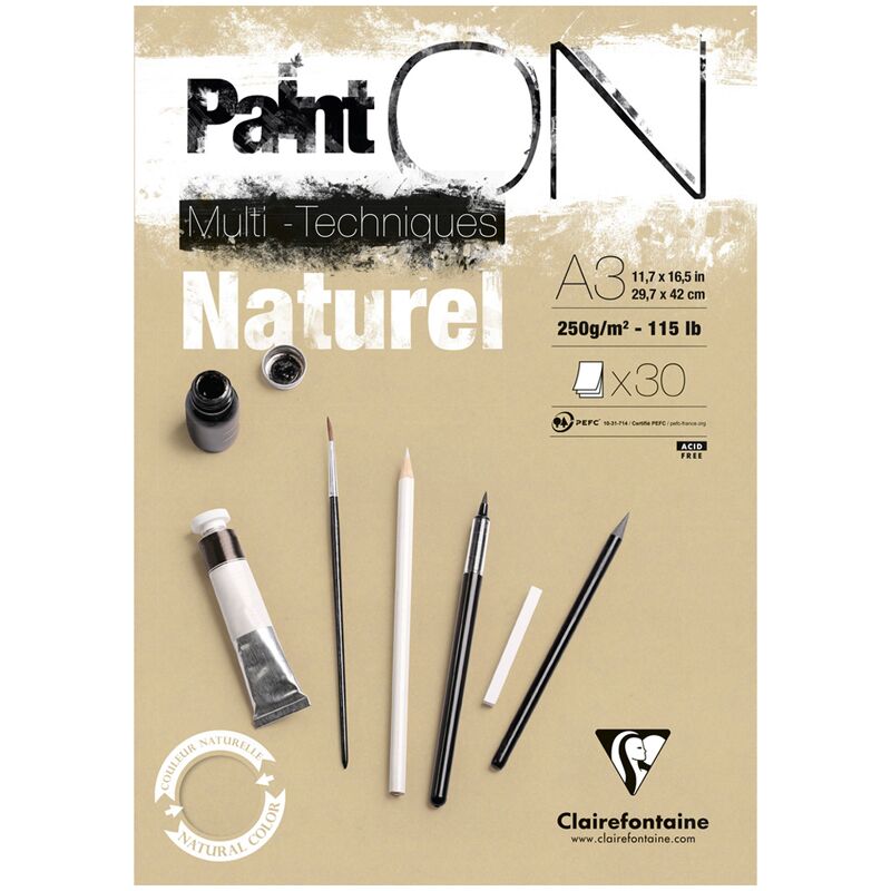Скетчбук - альбом для смешанных техник 30л., А3, на склейке Clairefontaine Paint ON Naturel, 250г/м2, крафт
