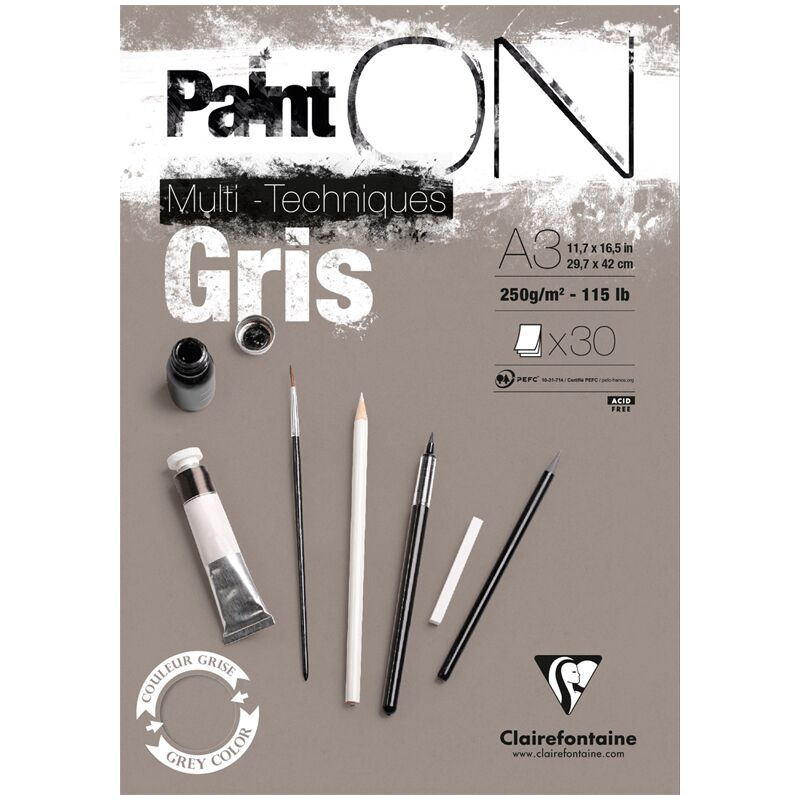 Скетчбук - альбом для смешанных техник 30л., А3, на склейке Clairefontaine Paint ON Grey, 250г/м2, серый