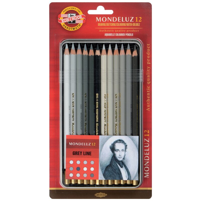 Карандаши акварельн. 12цв Koh-I-Noor Mondeluz Grey Line, заточен., металл. пенал, блистер
