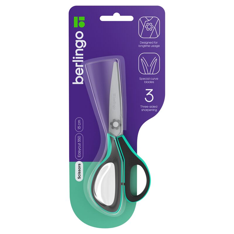 Ножницы Berlingo Easycut 350, 13см, бирюзовые, эргономичные ручки, мягкие вставки, европодвес