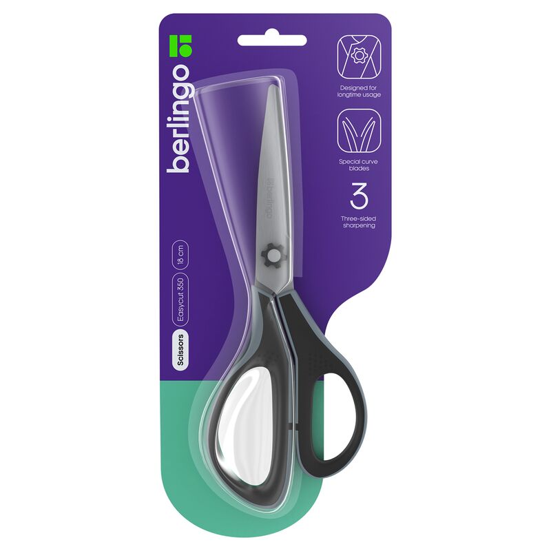 Ножницы Berlingo Easycut 350, 18см, серые, эргономичные ручки, мягкие вставки, европодвес