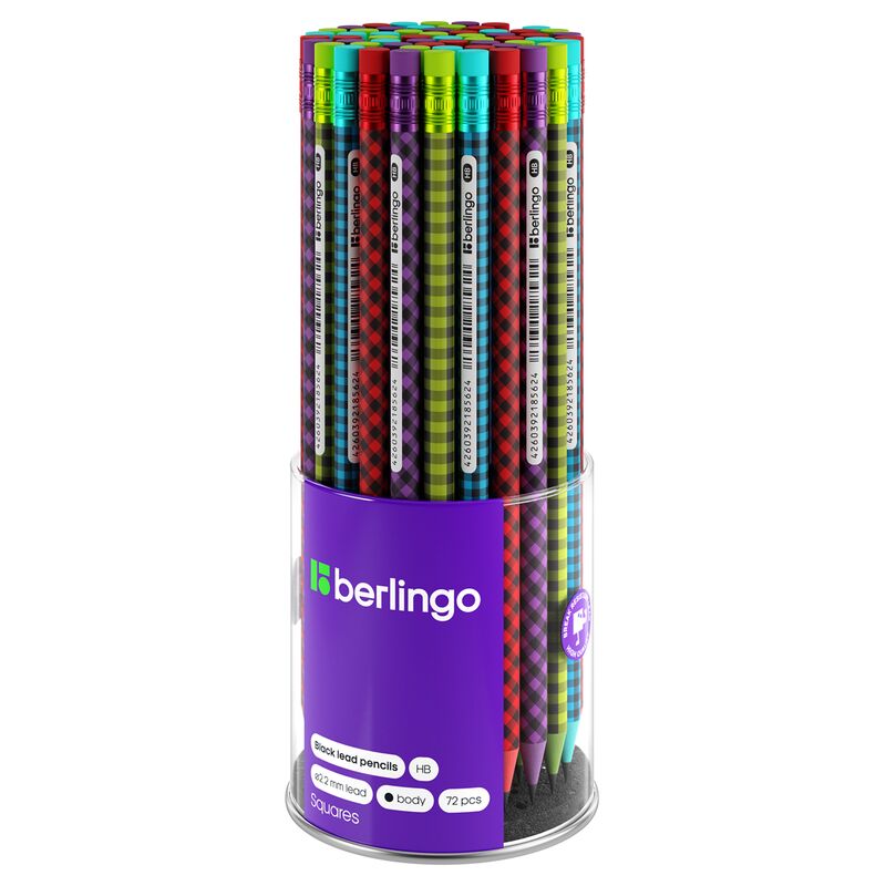 Карандаш ч/г Berlingo Squares, круглый, с ластиком, заточен., пластиковый, ассорти