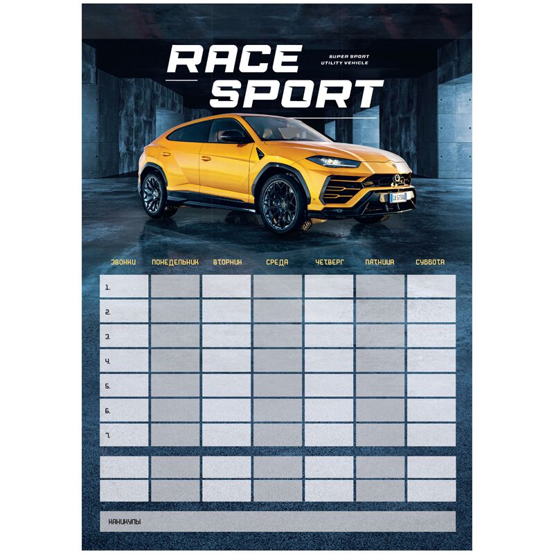Магнитный планер расписание уроков с маркером А3 ArtSpace Пиши-Стирай. Race Sport