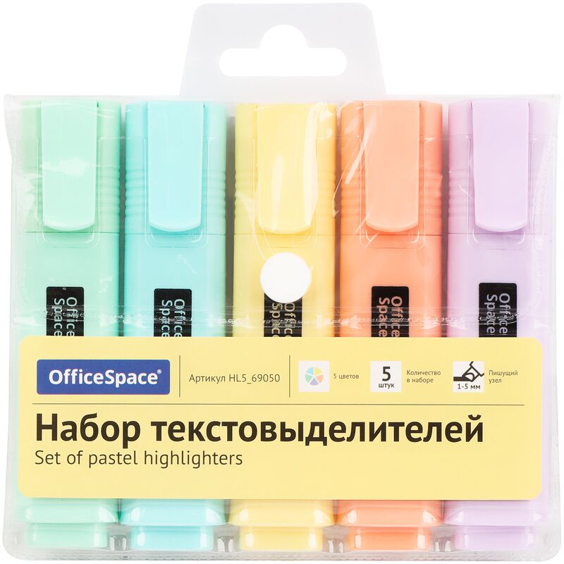 Текстовыделители OfficeSpace 5цв пастел 1-5мм, европодвес