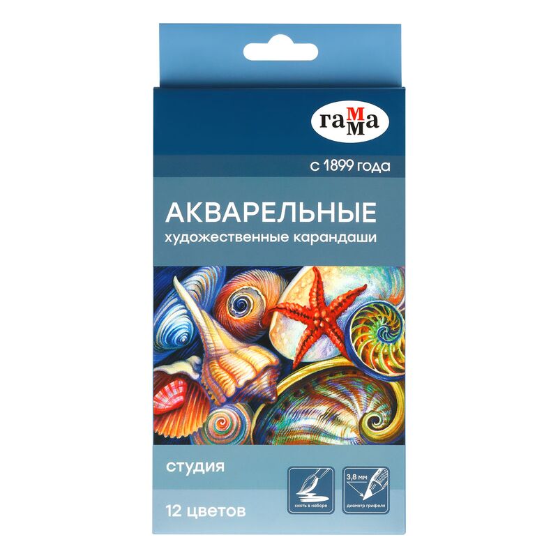 Карандаши акварельн. 12цв художественные Гамма Студия, заточен., картон. упаковка