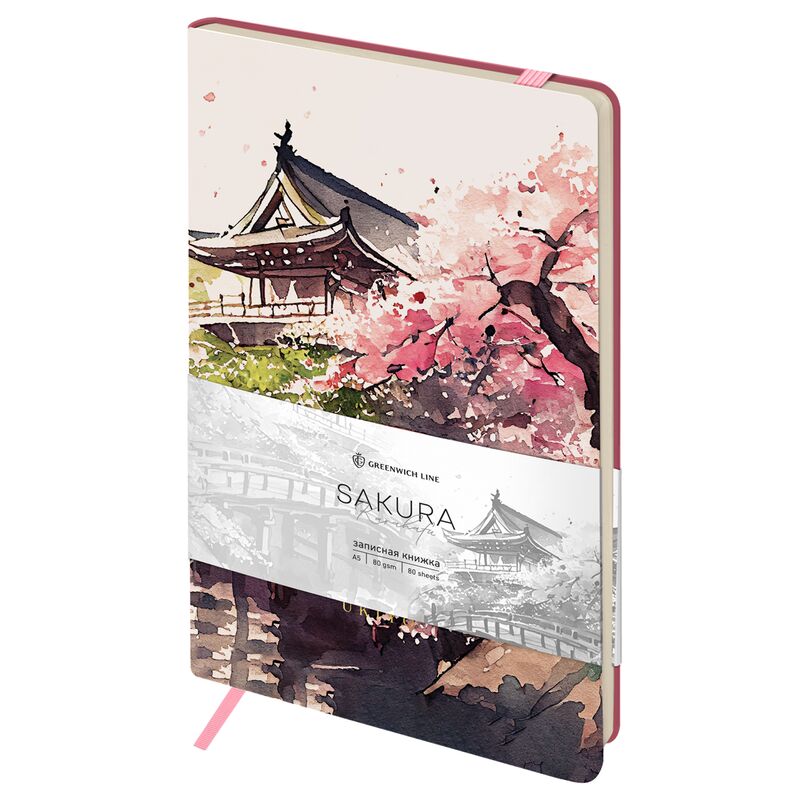 Записная книжка А5 80л ЛАЙТ кожзам Greenwich Line Sakura Karahafu с резинкой тиснение фольгой блок в линию